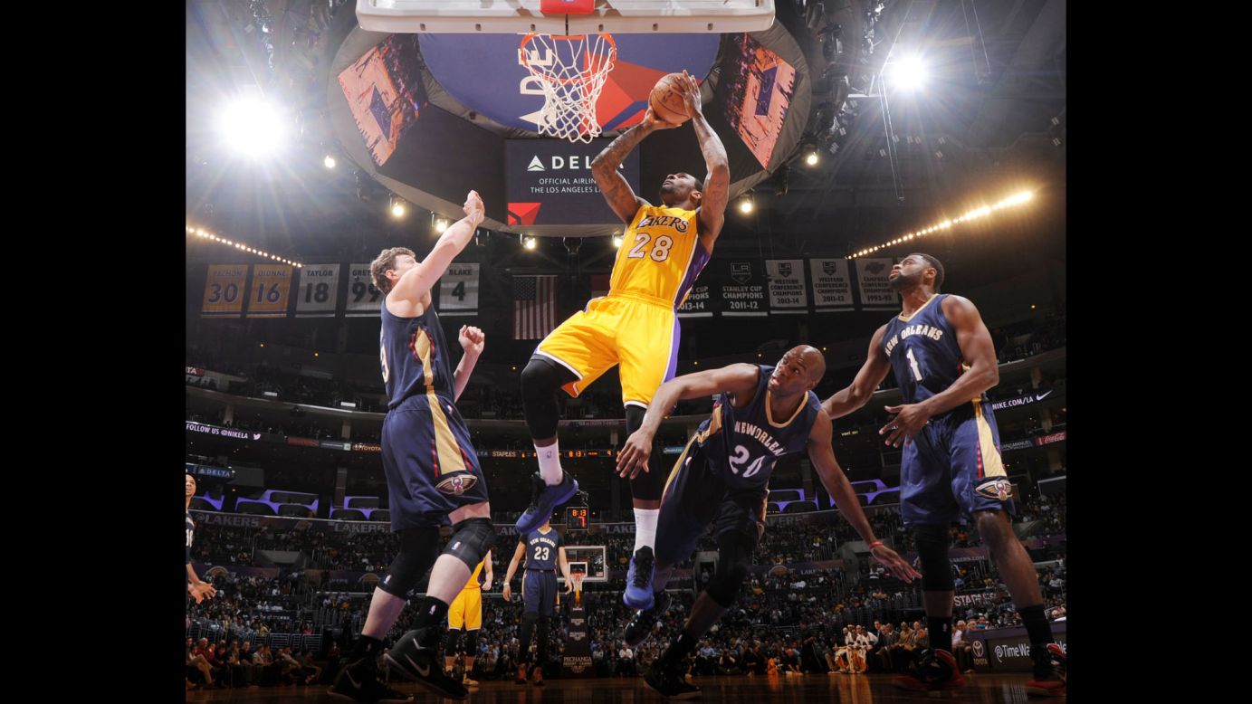 Tarik Black of the Los Angeles Lakers takes a close shot against New Orleans during a home game on Wednesday, April 1.