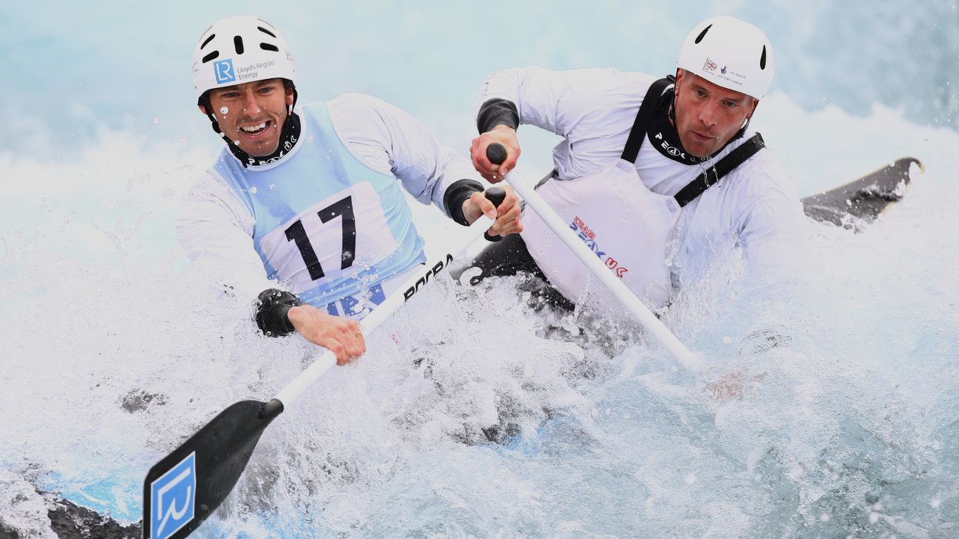 Richard Hounslow, right, and David Florence compete in the canoe doubles event Saturday, April 4, during the national championships in London. They finished in first.