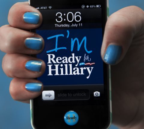 An iPhone with an "I'm Ready for Hillary" background is shown off at the Ready For Hillary Super PAC offices in Alexandria, Virginia.