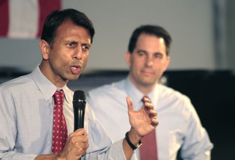 Jindal campaigns for Wisconsin Gov. Scott Walker in Waukesha, Wisconsin, on May 24, 2012.