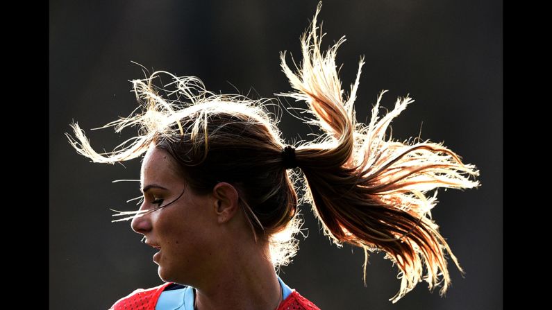 French soccer player Amandine Henry takes part a training session in Clairefontaine-en-Yvelines, France, on Monday, April 6.