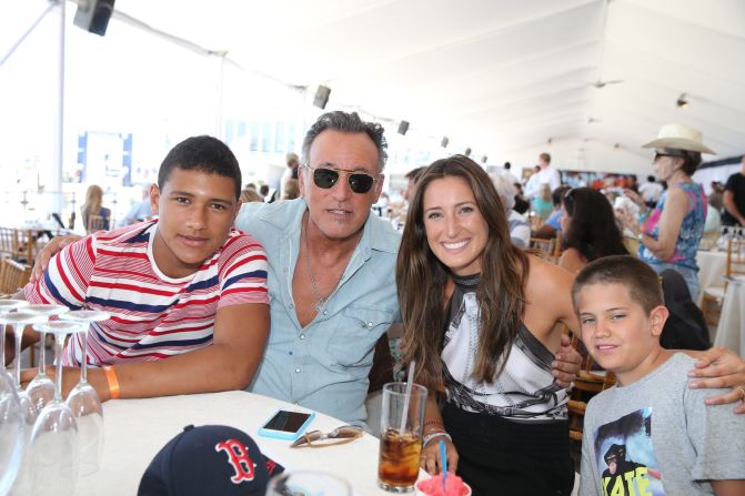 Jessica Springsteen and father Bruce pose in one of the luxury tents at the Global Champions Tour in Miami.
