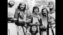 Graham Chapman, Eric Idle, Terry Gilliam, Michael Palin, Terry Jones and John Cleese in a scene from "Monty Python And The Holy Grail" (1975).