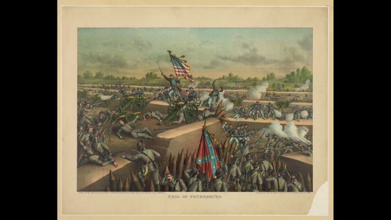 On April 2, Union forces broke through Confederate lines at Petersburg, ending a nine-month siege. 