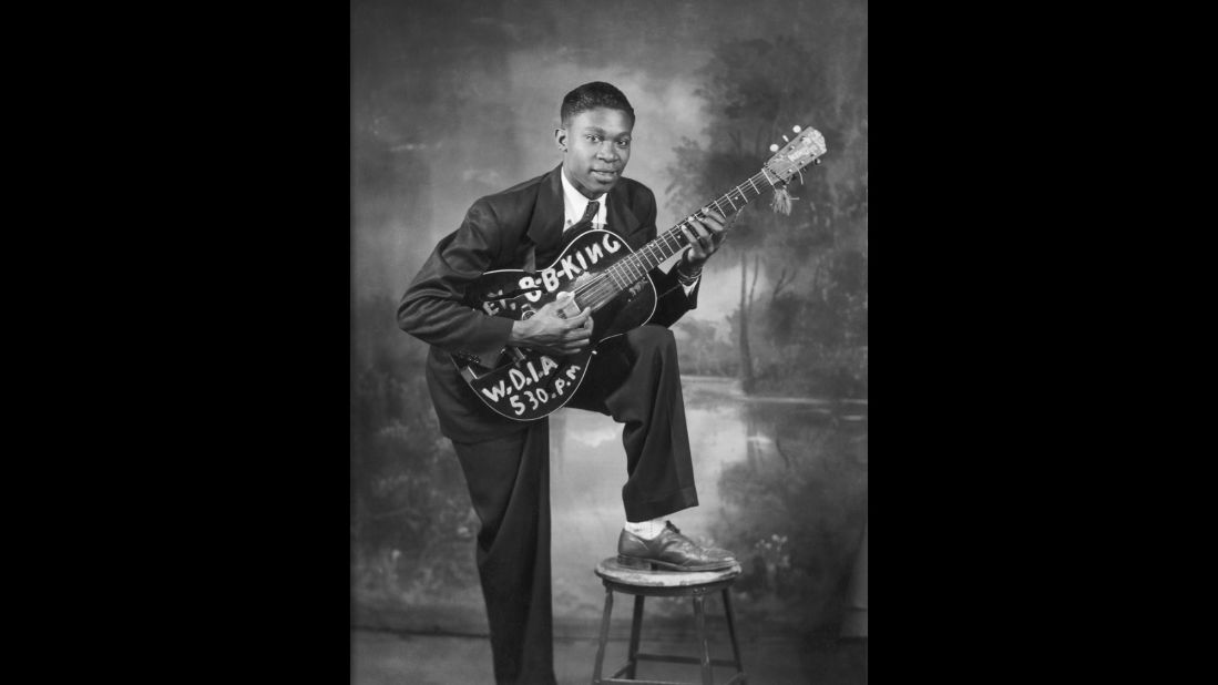 Blues legend B.B. King plays guitar on stage in this undated photograph. King died Thursday, May 14, in Las Vegas, according to his daughter Patty King. Two weeks earlier, it was announced that King was in home hospice care after suffering from dehydration. He was 89. Here, a young King poses for a portrait circa 1948.