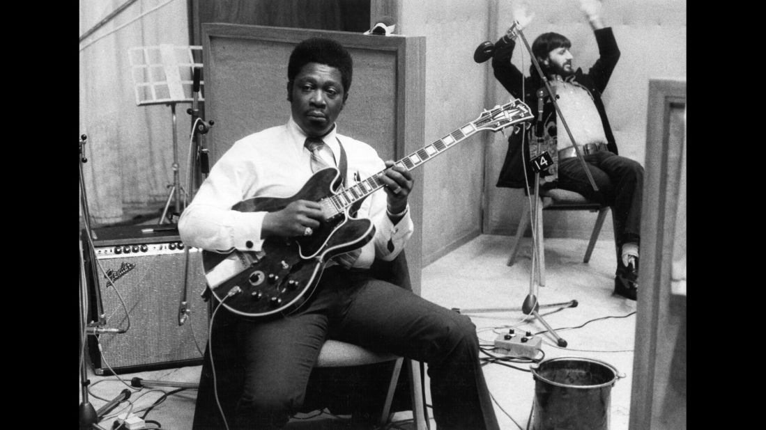 King sits in a studio with drummer Ringo Starr during the recording of his album "B.B. King in London" in 1971.