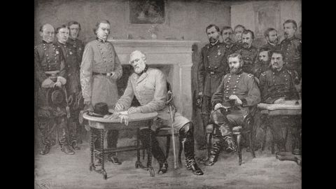 Lee surrenders to Grant at Appomattox Courthouse, Virginia, on April 9, 1865. It was only after 25 minutes of friendly small talk that the two men got around to discussing the terms of the surrender.