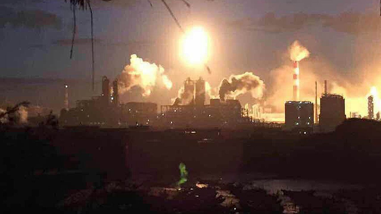 A major fire engulfs a chemical plant after an explosion in southeast China's Fujian province on April 6. 