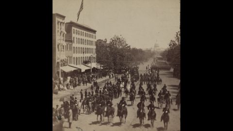 Officials, including the President and Cabinet and Grant, review the victorious Union armies in Washington in late May 1865. 