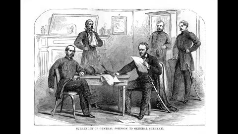 Confederate Gen. Joseph Eggleston Johnston surrenders his army to Union Gen. William T. Sherman on April 26, 1865, on the same terms that Grant had given Lee.
