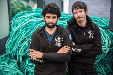 The leaders of Operation Icefish, Captains Sid Chakravarty and Peter Hammarstedt, in front of some of the 72 km of illegal gillnet Sea Shepherd alleges was abandoned by the Thunder after it was found fishing in the Southern Ocean. The conservation group claims about $3 million worth of toothfish was found in the nets.