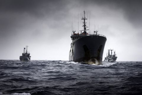 Sea Shepherd vessels the Bob Barker and the Sam Simon flank the alleged poaching vessel, the Thunder.