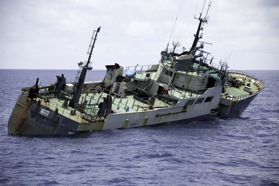 The Thunder lists dramatically to the starboard side as it takes on water. The captain of the Sea Shepherd vessel that came to the rescue told CNN that he believed that the Thunder was deliberately sunk to destroy evidence of illegal fishing.