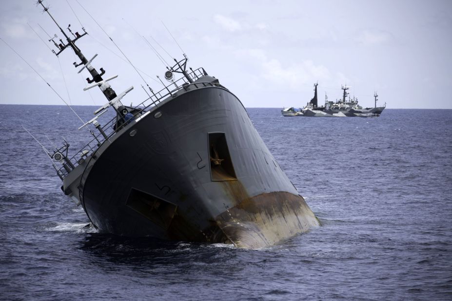 The Sea Shepherd ships remain at a safe distance from the sinking Thunder.