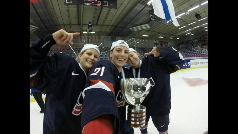 Hockey player Hilary Knight, center,<a href="https://twitter.com/Hilary_Knight/status/584471458677686273" target="_blank" target="_blank"> tweeted this selfie</a> Saturday, April 4, after Team USA won the World Championships. "U-S-A ‪#WorldChampions," said Knight, who was named the tournament's Most Valuable Player.