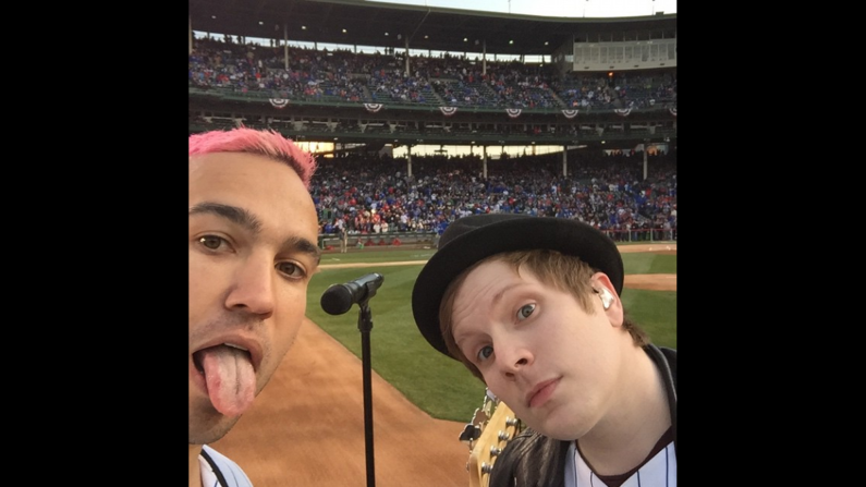 Pete Wentz, left, and Patrick Stump of Fall Out Boy take a selfie at Chicago's Wrigley Field on Sunday, April 5. "So rad to play opening day at Wrigley," <a href="https://instagram.com/p/1Hb8nYIish/" target="_blank" target="_blank">Wentz said on Instagram.</a> "Means the world." The band is from the Chicago area.