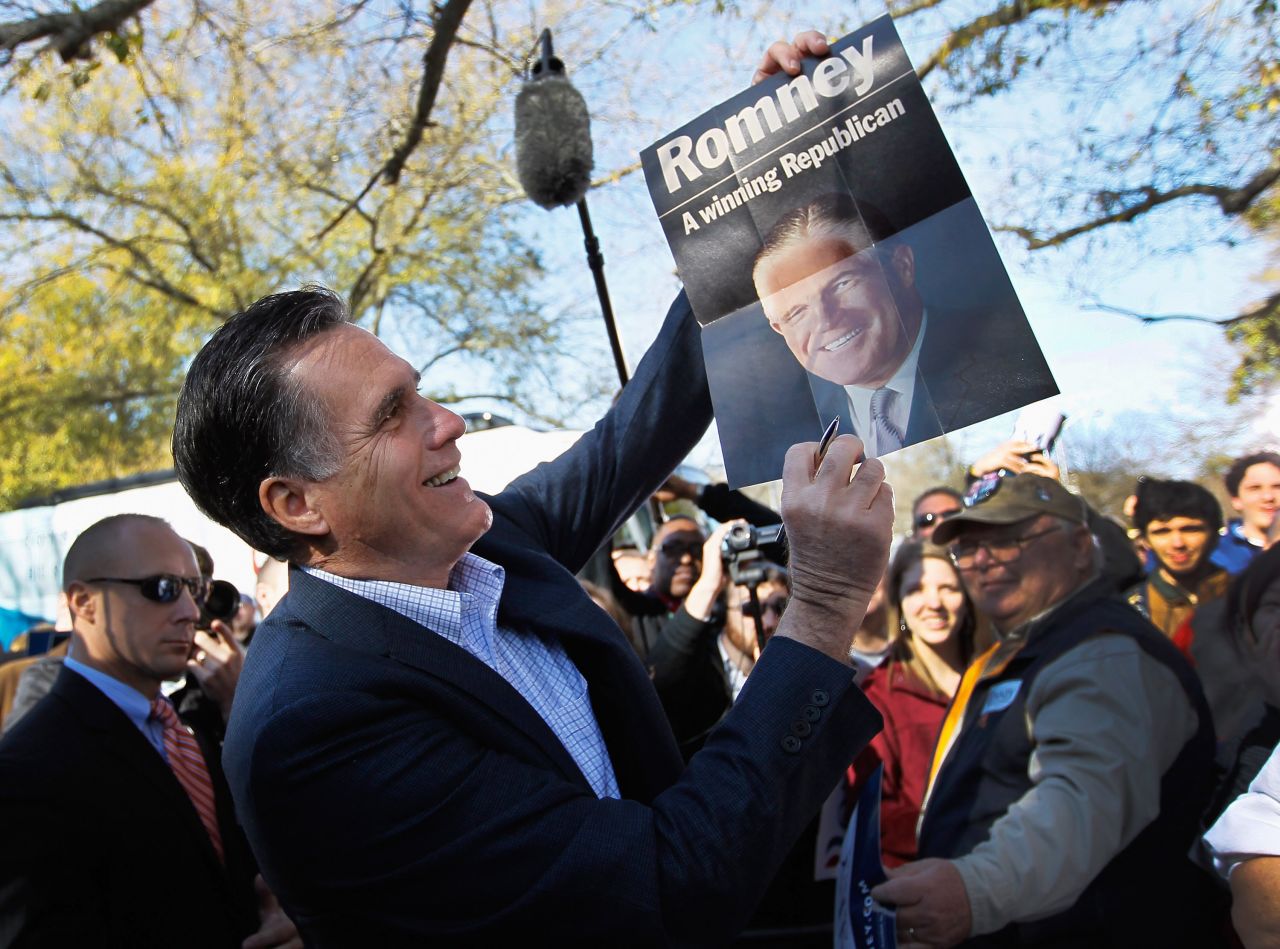 Mitt Romney wasn't the first member of his family to run for the White House when he became the GOP nominee to take on President Barack Obama in 2012. His father, former Michigan Gov. George Romney, was a serious contender who ultimately fell short of nabbing the Republican nomination in 1968. Pictured is Mitt Romney holding a sign featuring his father, George Romney.