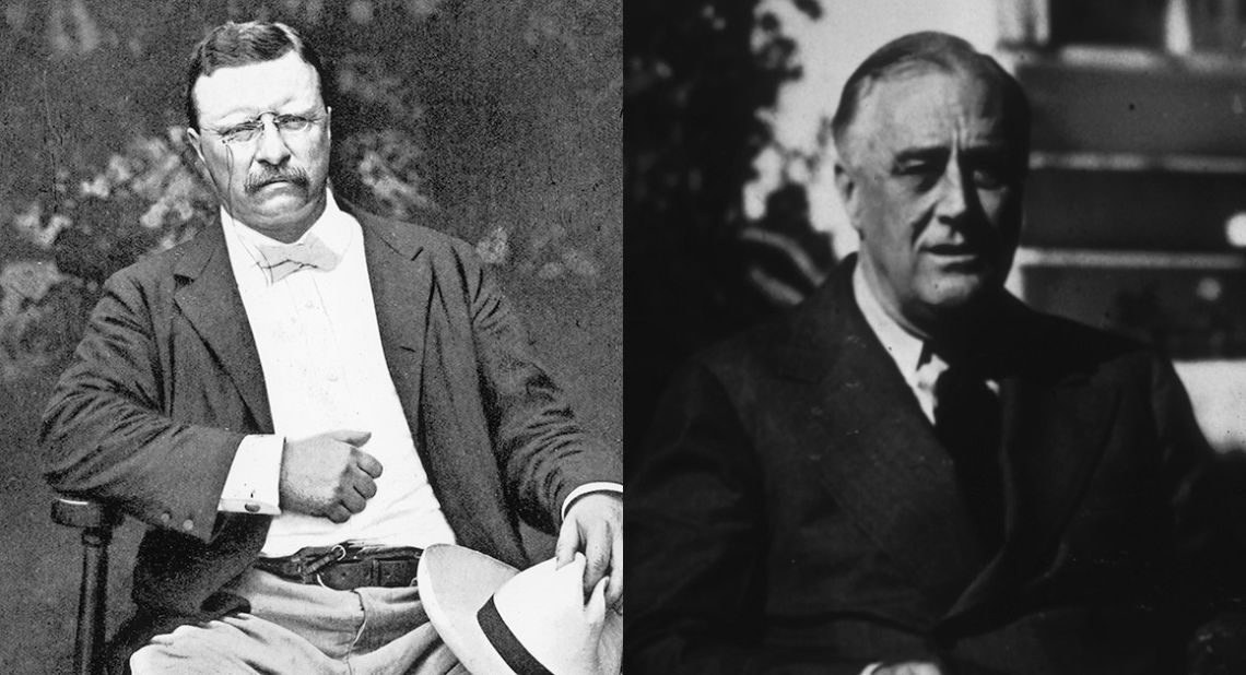 The relationship between two of America's most famous presidents, Teddy Roosevelt (left) and Franklin Delano Roosevelt, actually isn't as close as many assume. They were fifth cousins. Their closest tie was Franklin Roosevelt's wife, Eleanor, who was Teddy Roosevelt's niece.