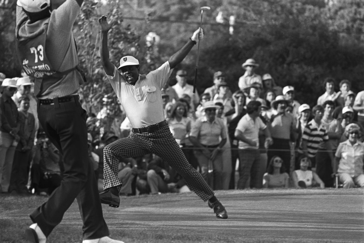 Elder qualified for the Masters by winning the Monsanto Open in Pensacola, Florida. It had extra significance given that Elder had vowed never to play in the tournament again after being denied entry to the clubhouse on a previous playing visit. Here he celebrates holing the winning putt in a playoff, after which he needed a police escort back to the clubhouse.