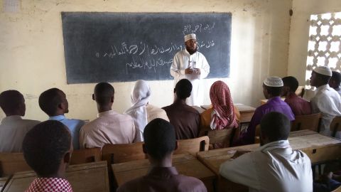 Sheikh Khalif Abdi Hussein teaches a class at the Madrassa, where Mohamed Mohamud once taught.