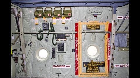 An emergency exit inside the cargo hold of the MC-130J.