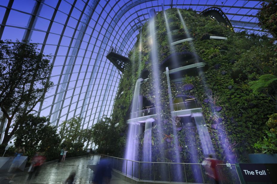 The premier attraction of Gardens by the Bay is Cloud Forest, one of two enormous conservatories. From this 35-meter-tall tower falls the world's highest indoor waterfall.