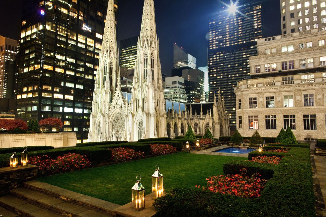 The gardens offer views over Fifth Avenue and St. Patrick's Cathedral.