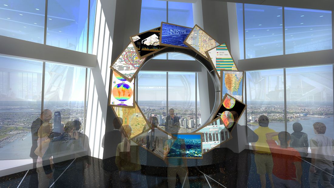 The main space on the 100th floor will include an interactive skyline "concierge" -- City Pulse -- that allows visitors to learn more about the landmarks and neighborhoods they're looking at. As seen here in an artist's rendering, it features a ring of HD video monitors with gesture recognition technology.