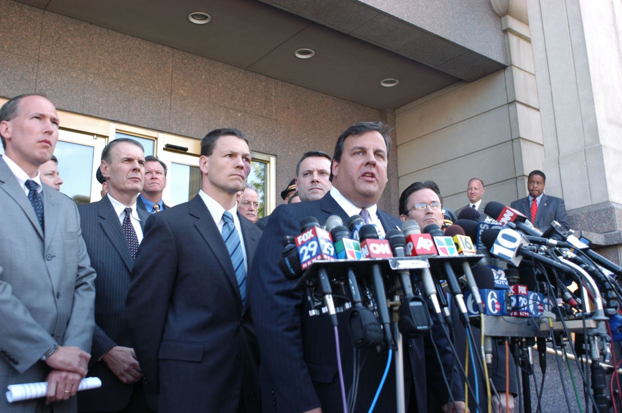 Before getting into politics, Christie was a New Jersey attorney. Here Christie speaks with the media on May 8, 2007, outside the federal courthouse in Camden, New Jersey, after six men were arrested on charges of planning to attack the Fort Dix military base.