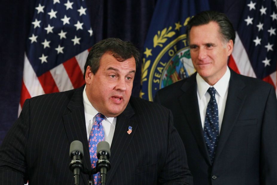 Christie speaks as he endorses former Massachusetts Gov. Mitt Romney for the Republican presidential nomination on October 11, 2011, in Lebanon, New Hampshire.