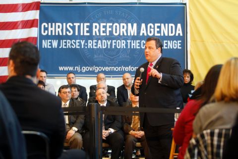 Christie speaks at a Reform Agenda Town Hall meeting at the New Jersey Manufacturers Insurance Company facility on March 29, 2011, in Hammonton, New Jersey.