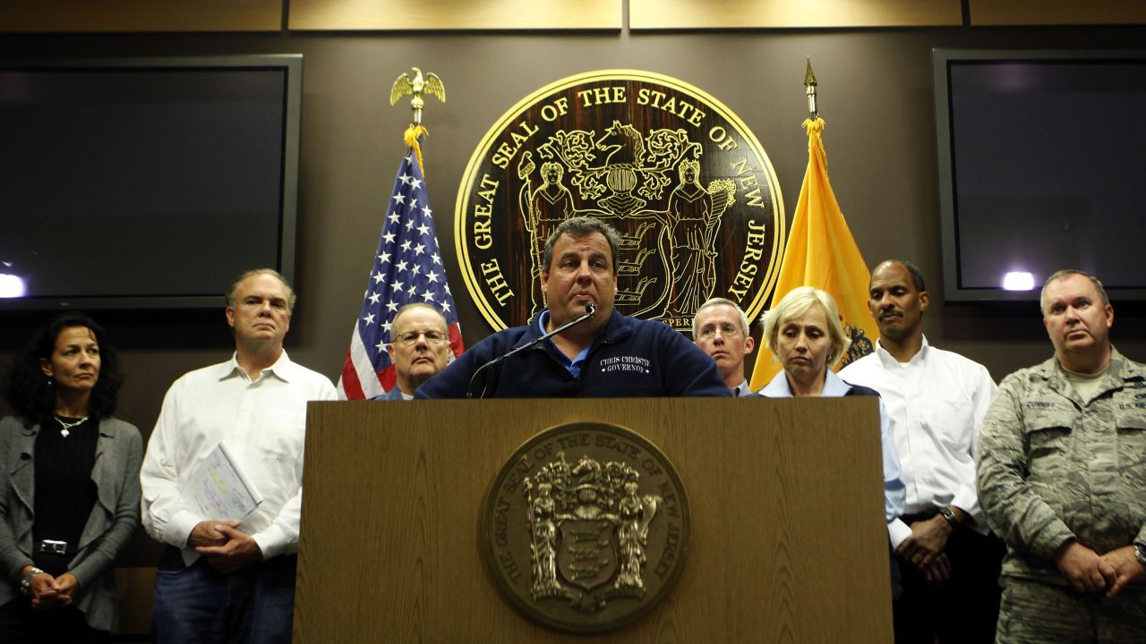 Christie updates members of the media on damage and recovery efforts related to Superstorm Sandy on October 30, 2012, from the emergency operations center at State Police Headquarters in Ewing, New Jersey.