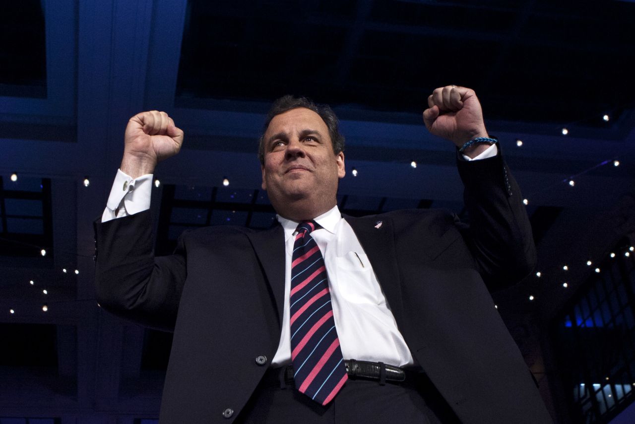Christie arrives to speak at his election night event after winning a second term as governor on November 5, 2013, in Asbury Park, New Jersey. Christie defeated his Democratic opponent, Barbara Buono, by a large margin.