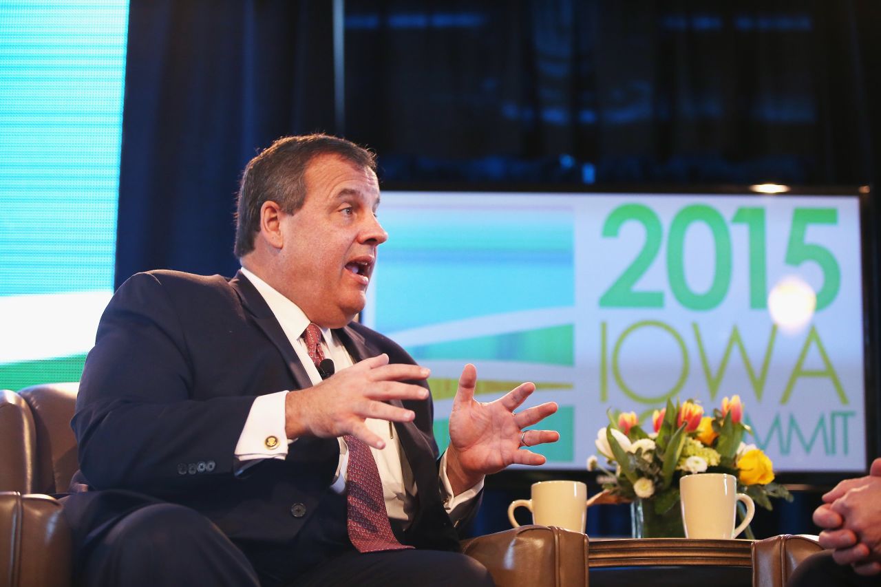 Christie takes questions from Bruce Rastetter at the Iowa Ag Summit on March 7 in Des Moines, Iowa.