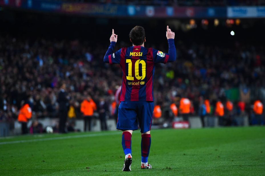 Messi celebrates his 33rd La Liga goal of the season in typical style as it puts Barcelona on its way to a 4-0 win over Almeria.