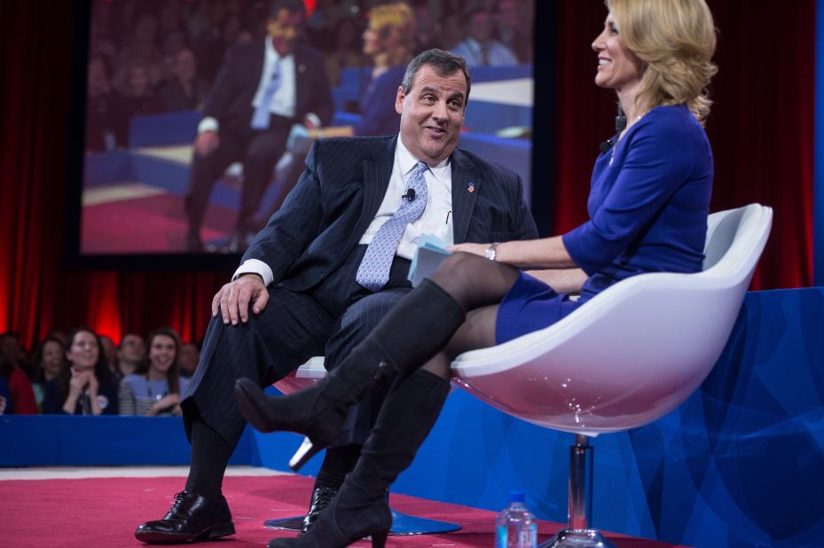 Christie jokes with host Laura Ingraham as he addresses the annual Conservative Political Action Conference at National Harbor, Maryland, on February 26.
