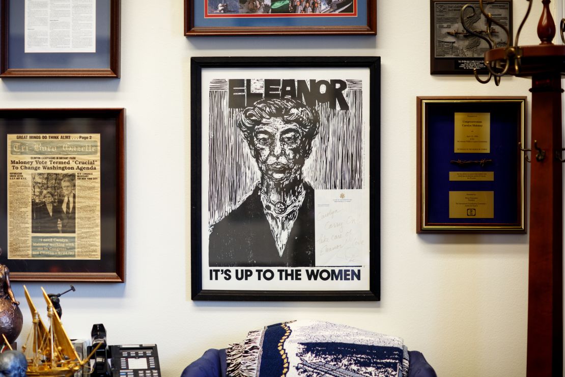 Framed art featuring Eleanor Roosevelt, an early women's rights advocate, decorates Rep. Carolyn Maloney's office on Capitol Hill. It was a gift from Rep. Patricia Schroeder, a fervent ERA supporter and a co-founder of the Congressional Women's Caucus.