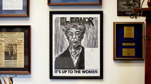 Framed art featuring Eleanor Roosevelt, an early women's rights advocate, decorates Rep. Carolyn Maloney's office on Capitol Hill. It was a gift from Rep. Patricia Schroeder, a fervent ERA supporter and a co-founder of the Congressional Women's Caucus.