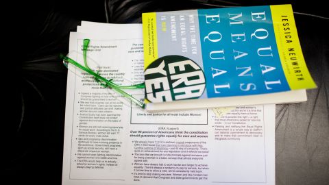 Maloney's reading glasses and "Equal Means Equal," a new book by ERA Coalition President Jessica Neuwirth, rest atop ERA talking points on a couch in the congresswoman's office.