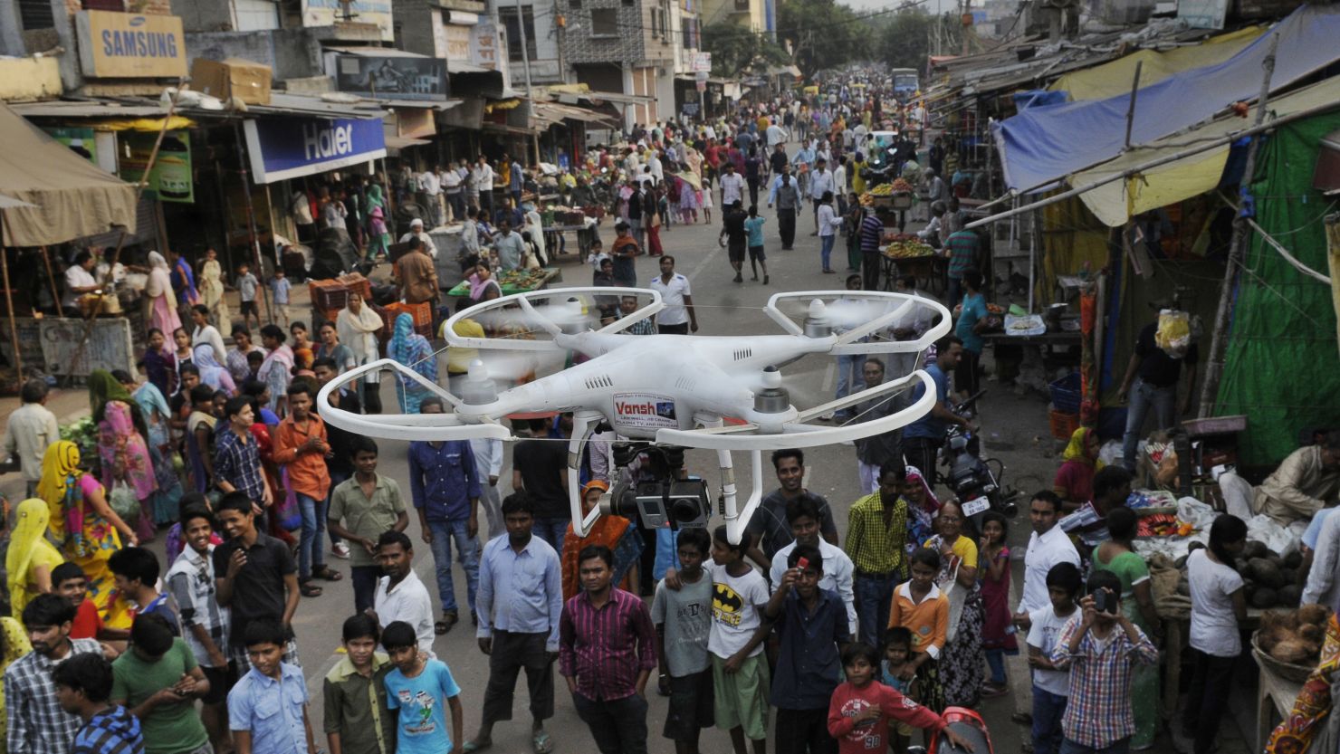 Delhi police deployed camera-equipped drones for surveillance in Trilokpuri on October 28, 2014. 