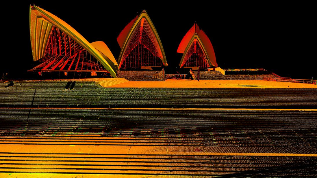 3D perspective image of the Sydney Opera House, captured from laser scan data.