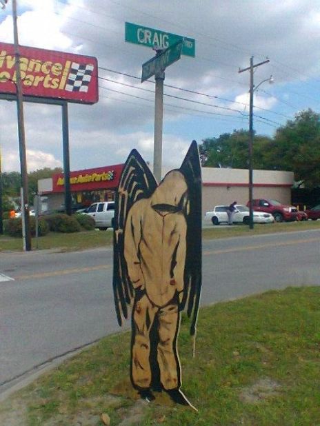 A <a href="https://twitter.com/Eyeballartshows/status/585570541874106369" target="_blank" target="_blank">hooded angel</a> with black wings appeared near the spot where Walter Scott was shot and killed by a police officer Saturday in North Charleston, South Carolina. It was created by local artist Phillip Hyman on Tuesday.