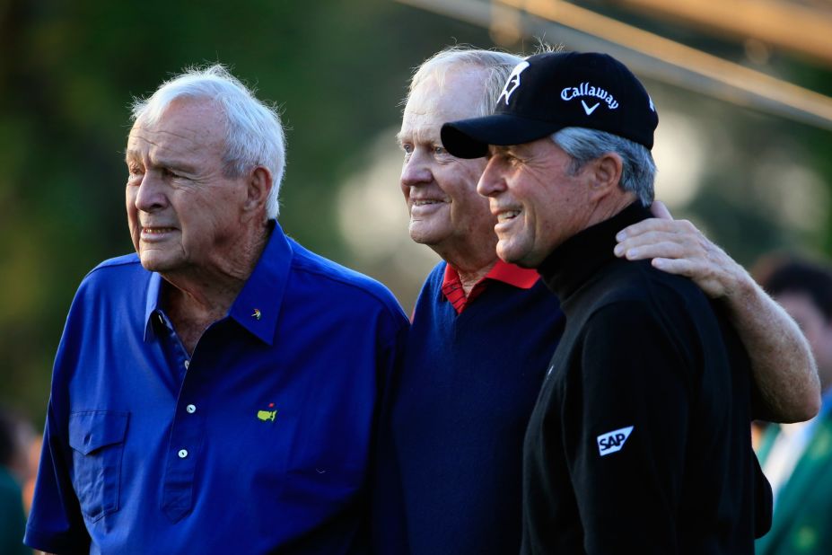 Palmer, left, teed off alongside fellow legends Jack Nicklaus (center) and Gary Player.