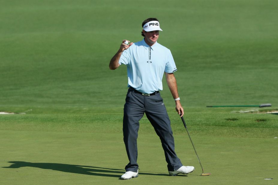 Defending champion Bubba Watson, aiming for a third title in four years at Augusta, celebrates a birdie at his second hole on Thursday.  The American finished with a bogey to card one-under 71 and be tied for 18th.