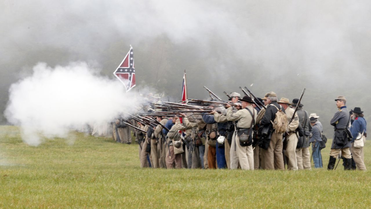 Confederate troops fire on Union troops Thursday, April 9, during a Civil War re-enactment in Appomattox, Virginia. The Battle of Appomattox Courthouse was the final battle of Confederate Gen. Robert E. Lee before he surrendered to Union troops 150 years ago.
