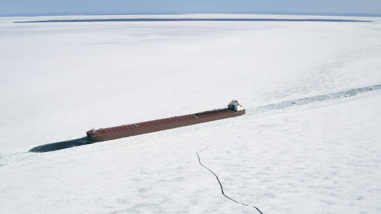 The James R. Barker Lake Freighter is trapped on Lake Superior in this aerial photo taken Tuesday, April 7, near Sault Ste. Marie, Ontario. The ice cover in the Great Lakes is backing up shipments of everything from Canadian grain to U.S. iron and steel.