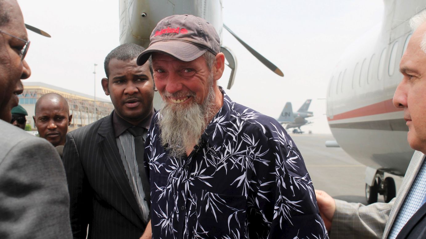 Sjaak Rijke, a former Dutch hostage freed from an al Qaeda-linked group in Mali, arrives at the airport in Bamako, Mali, on Tuesday, April 7. The release of Rijke, a 54-year-old train conductor, comes more than three years after he was taken captive while on holiday with his wife in November 2011. 