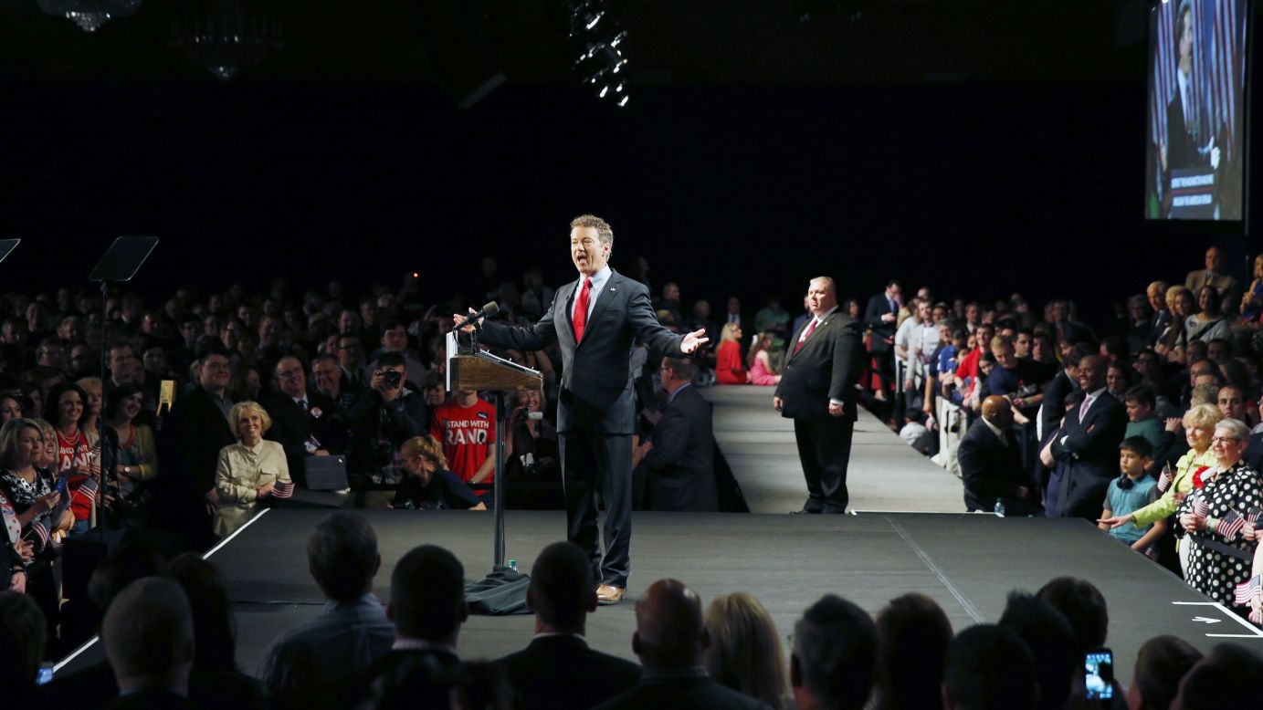 <a href="http://www.cnn.com/2014/02/12/politics/gallery/rand-paul/index.html" target="_blank">U.S. Sen. Rand Paul</a> announces his candidacy for president during an event in Louisville, Kentucky, on Tuesday, April 7.