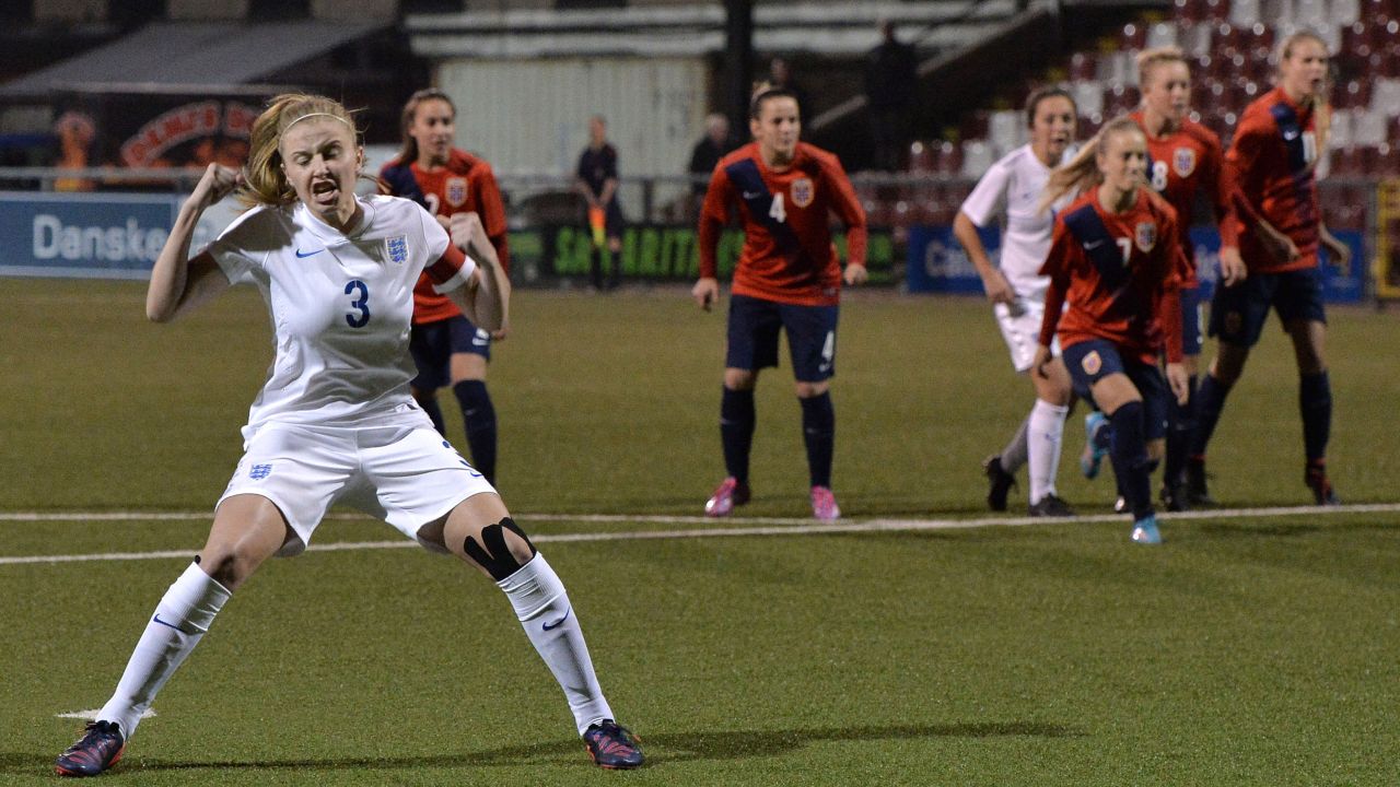 Leah Williamson celebrates after scoring for the England under-19 women's team against Norway.
