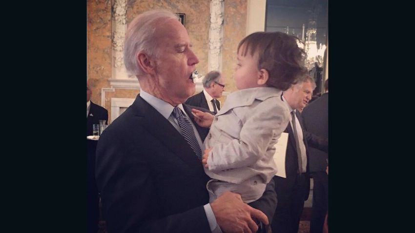 Vice President Joe Biden stole the pacifier right from the mouth of 15-month-old Jasper Bloomberg, the grandson of former New York City Mayor Michael Bloomberg, during a ceremony at the British Embassy on April 8, 2015.